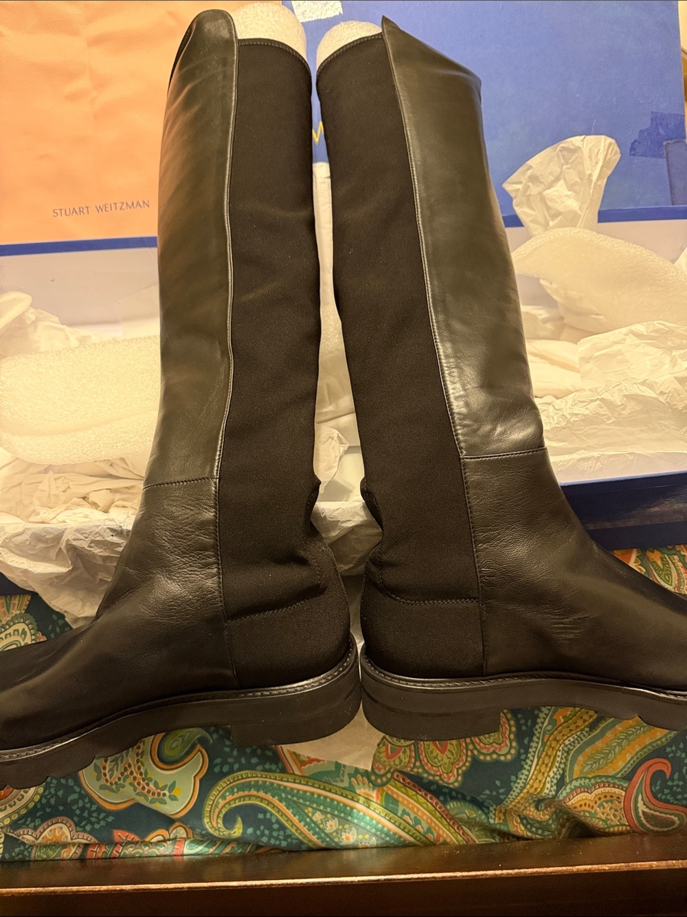 Stuart Weitzman Black Leather and Stretch Knee Boots